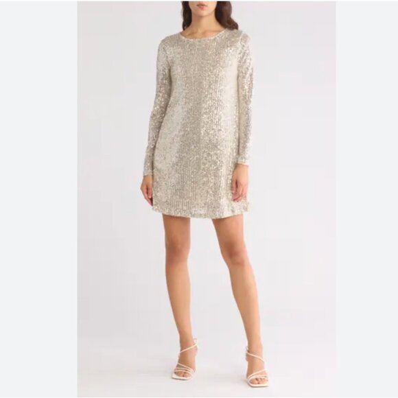 Judith March Sequenced Mini Long Sleeve Cream Color Sparkly Dress size L - Picture 1 of 12